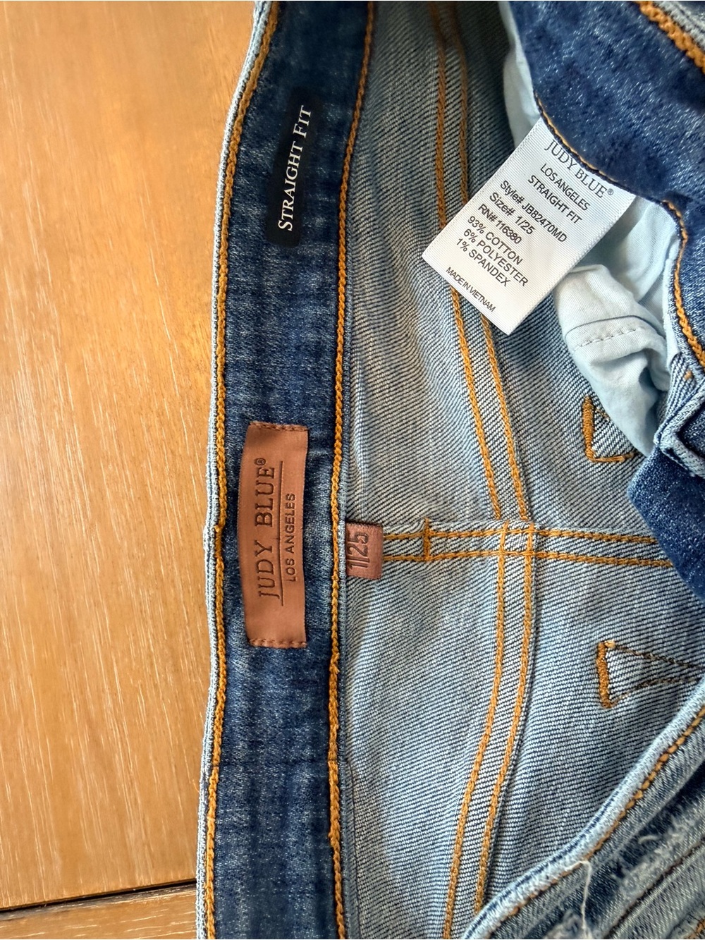 Judy Blue Straight Leg Jeans in Medium Blue with Tan Stitching